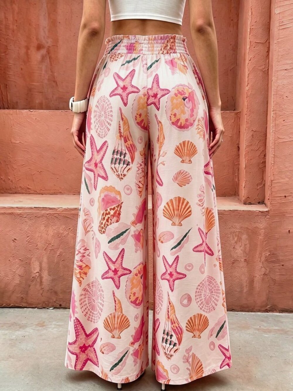 Pink Boho Women's High Waist Wide Leg Starfish Print Trousers - Picture 2 of 7